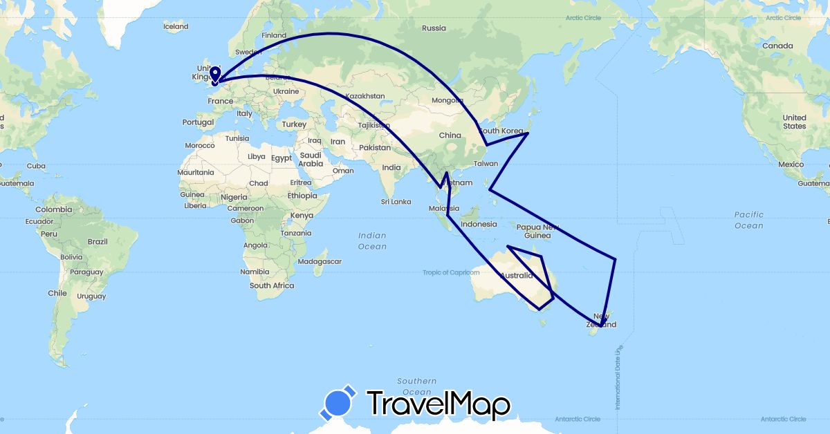 TravelMap itinerary: driving in Australia, China, Fiji, United Kingdom, Japan, Cambodia, Laos, New Zealand, Philippines, Singapore, Thailand (Asia, Europe, Oceania)